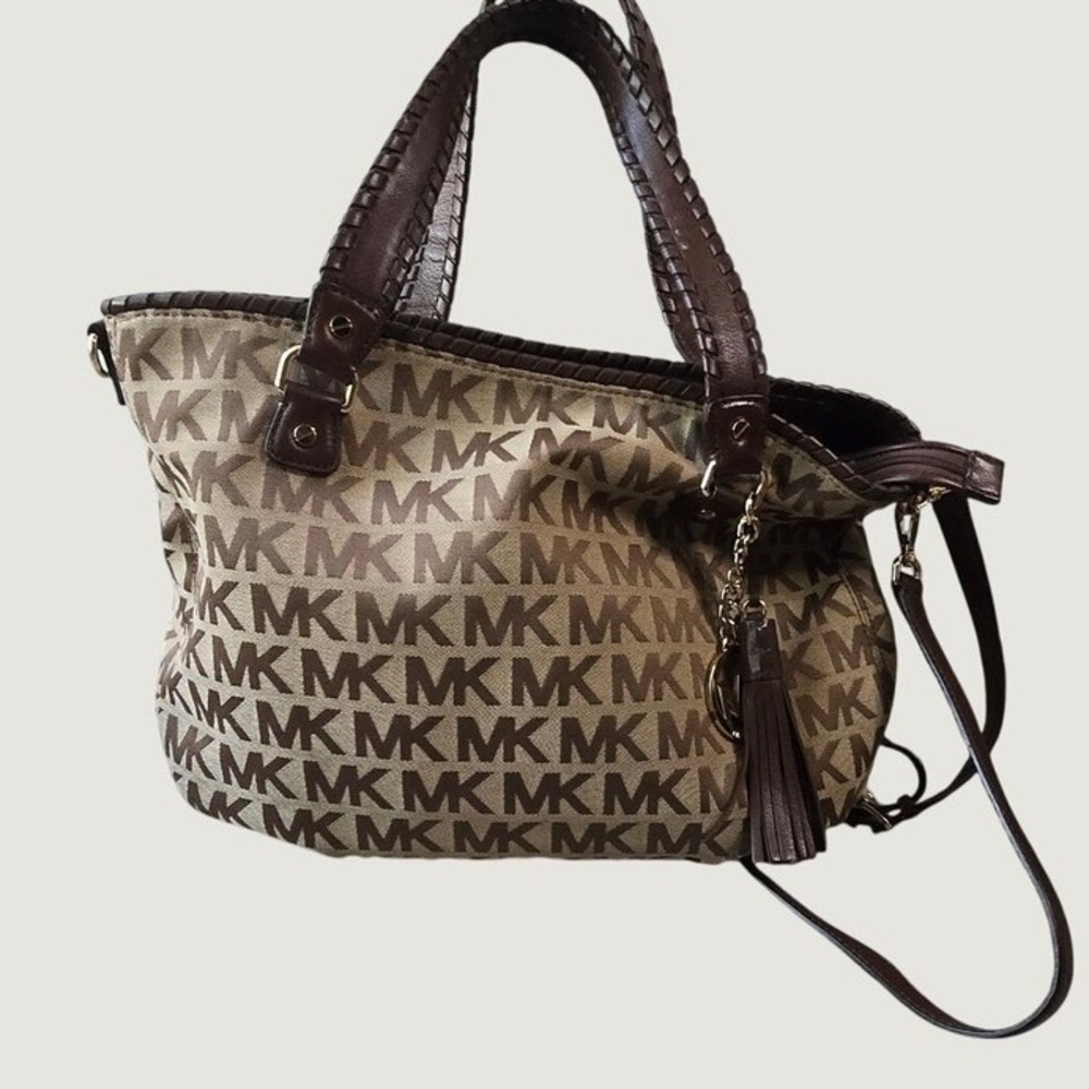 Michael Kors MK Signature Jacquard Tote Shoulder Bag Brown Leather Crossbody‎